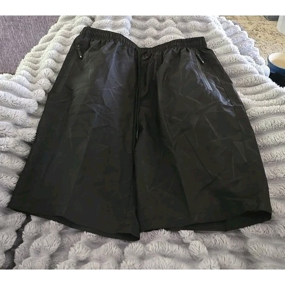 Mens Black Geometric Print Athletic Gym Shorts Zipper Pockets Large